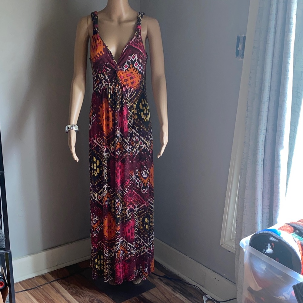 Spense Burgundy and Orange Geometric V-Neck Maxi Dress